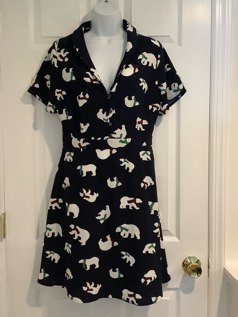 MODCLOTH Navy Blue Polar Bear Short Sleeve Lightweight Cute V Neck Midi Dress 10